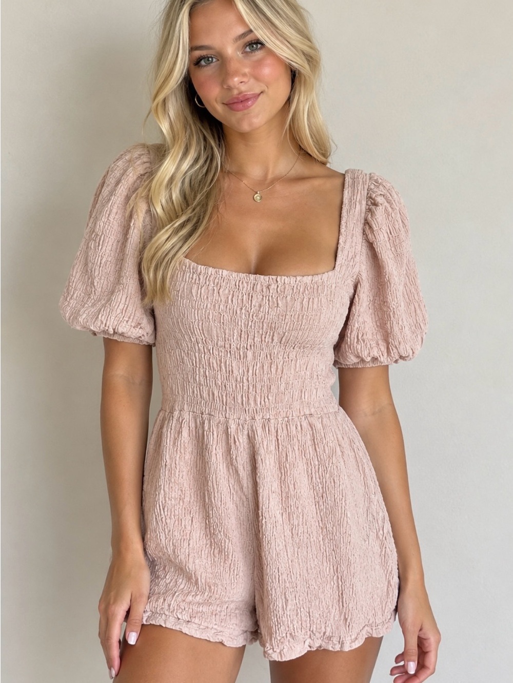 PrettyLittleThing Dusty Blush Smocked Square-Neck Puff Sleeve Romper